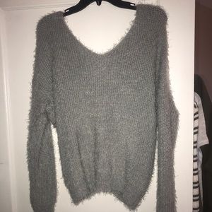 Grey Fuzzy Sweater, Twisted Back